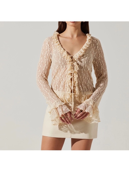 Astr Tops - Sheer Ruffle Tie-Front Blouse in Cream